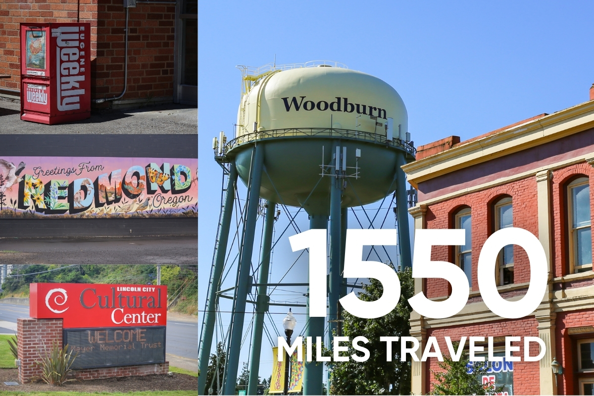 A photo collage with "1550 miles traveled" over it in white text.