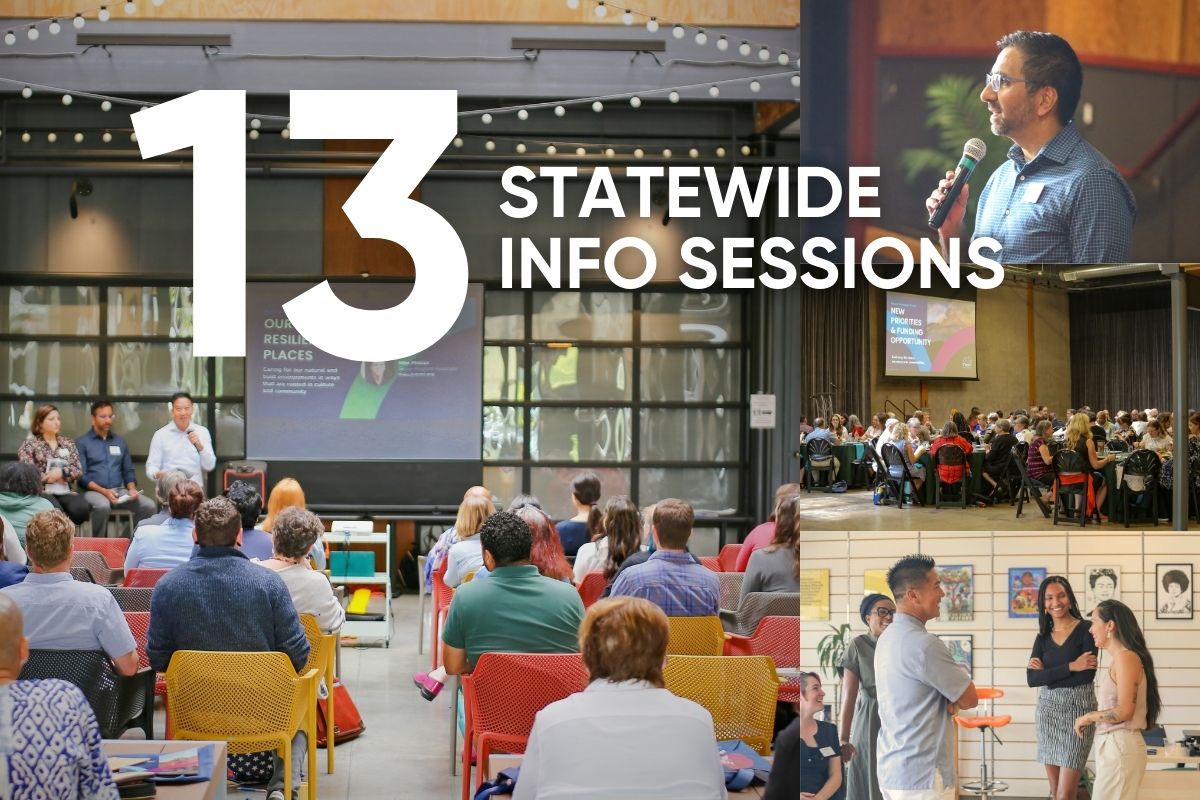 A photo collage with "13 statewide info sessions" over it in white text.