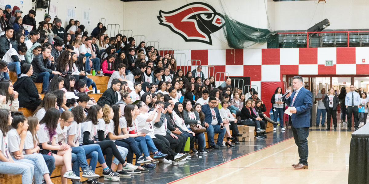 Superintendent Guadalupe Guerrero speaking