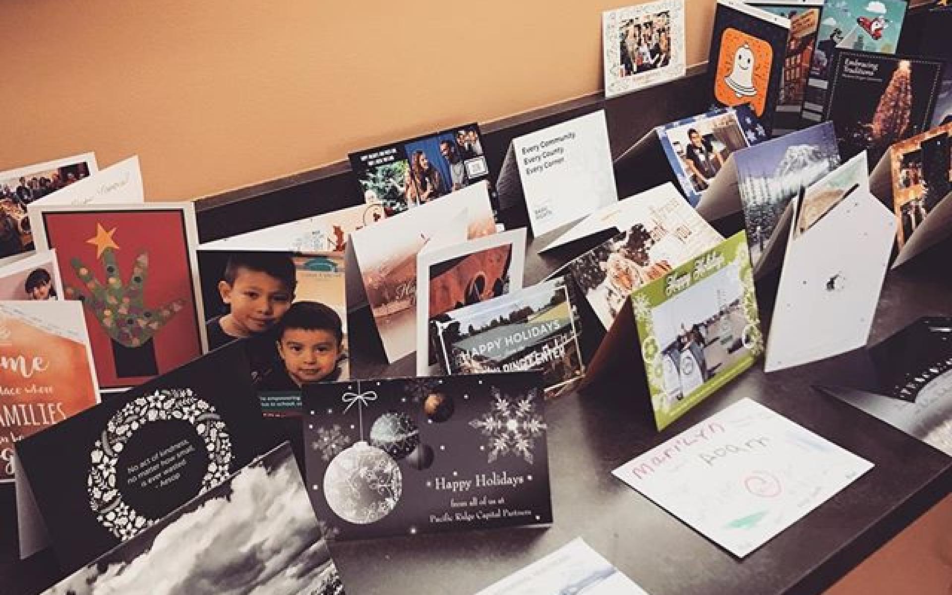 Thank you cards displayed across a countertop.