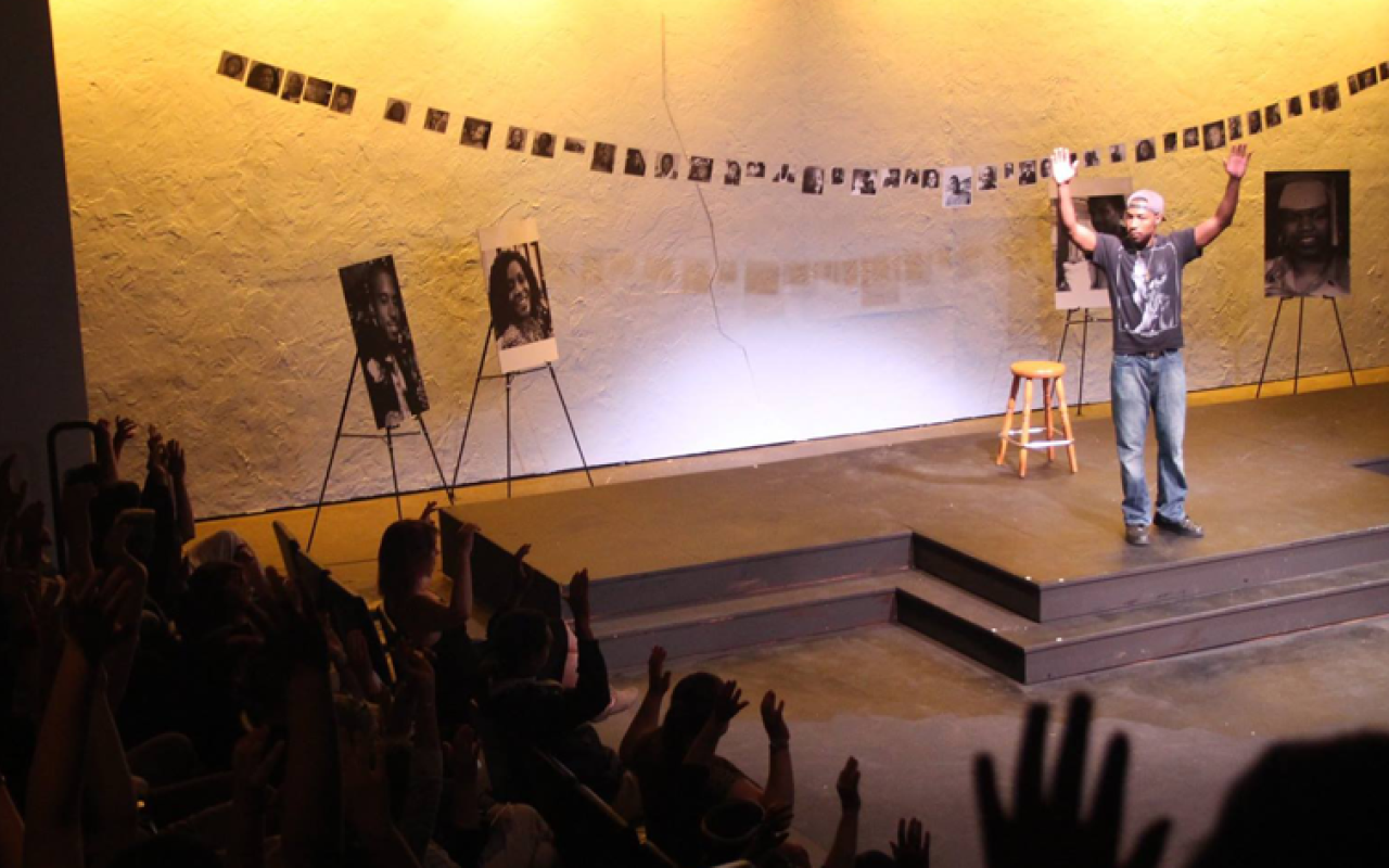 Actor La’Tevin Alexander closes a production of Hands Up at Artists Repertory Theatre.