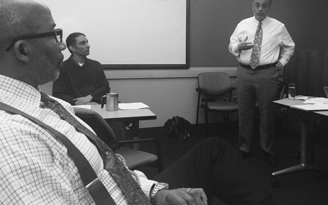 Wajdi Said, president and co-founder of the Muslim Educational Trust, leads a conversation with Meyer Memorial Trust staff and trustees, including Dahnesh Medora and Board Chair Charles Wilhoite.