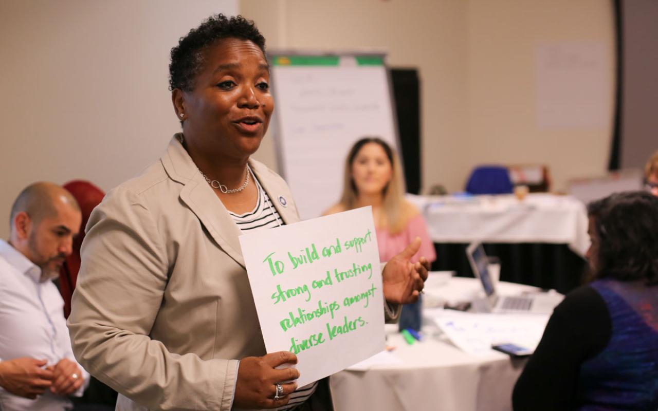 Photo caption: Kendall Clawson, Executive Director of the American Leadership Forum of Oregon, responds—to the prompt, what makes you do this work, during the Building Community portfolio’s Leadership Development and Learning Collaborative convening—”to build and support strong and trusting relationships amongst diverse leaders.”