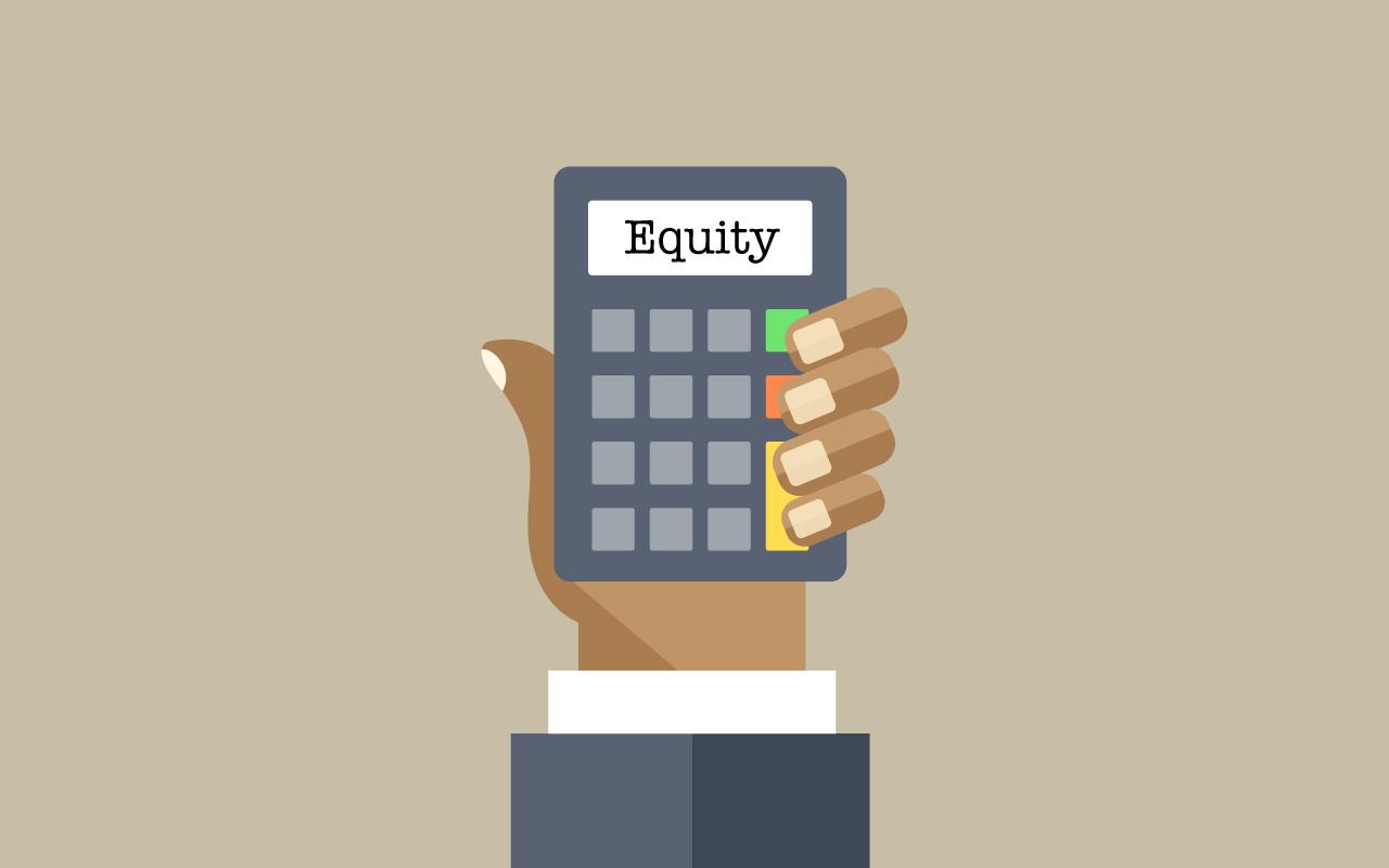 Photo caption: A calculator in the palm of a business person's hand reads "Equity."