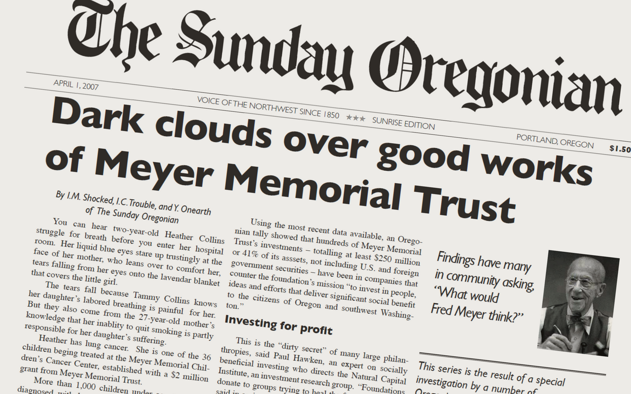 A fake headline imagines dark clouds over the good works of Meyer Memorial Trust