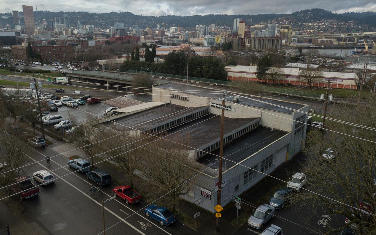 From above, Meyer’s new property, 2045 N. Vancouver Ave., overlooks Interstate 5, grain elevators along the Willamette River, the Broadway and Fremont bridges and the skyline of Northwest Portland.