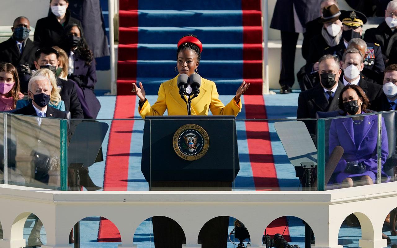 Youth poet laureate Amanda Gorman speaks at the 2021 inauguration of U.S. President Joe Biden and Vice President Kamala Harris on the West Front of the U.S. Capitol in Washington, DC.