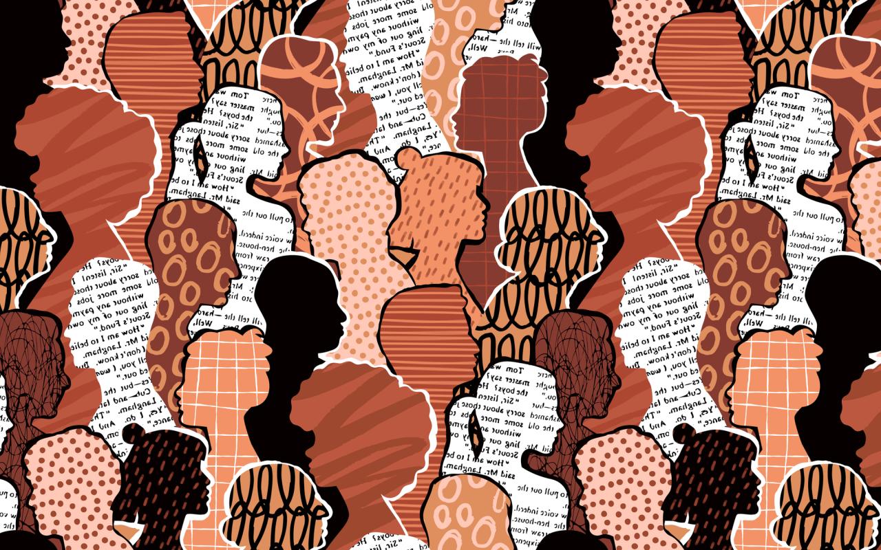 Graphic illustration of silhouettes with various textures and patterns for Justice Oregon for Black Lives collaboratives
