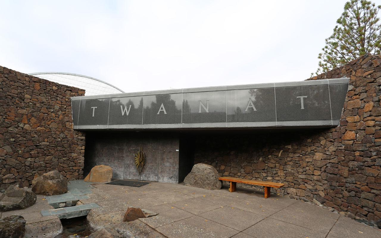 The front entrance to The Museum At Warm Springs, located in the homeland of the Warm Springs, Wasco and Paiute Native American Tribes, which stretches from the top of the Cascade Mountains to the banks of the Deschutes River.