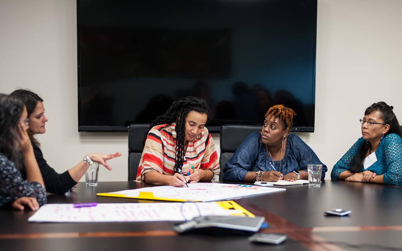 Five educators participate in a group activity during Meyer’s 2018 Teachers of Color Gathering at Northwest Health Foundation. 
