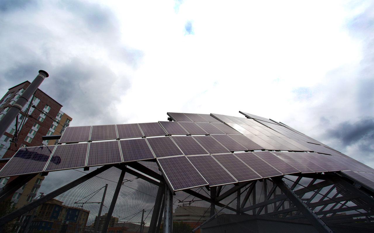 A photovoltaic solar panel array near Portland State University in downtown Portland.