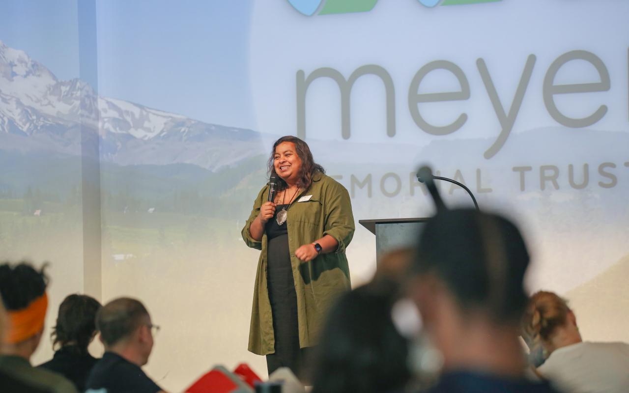 Nancy Haque speaking at a Meyer event in 2024