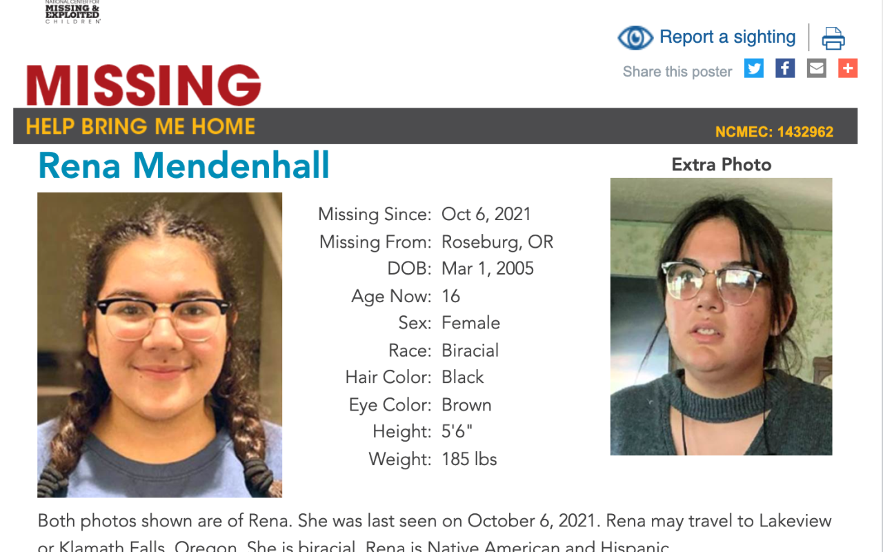 Rena Mendenhall Missing Teen from Roseburg, OR