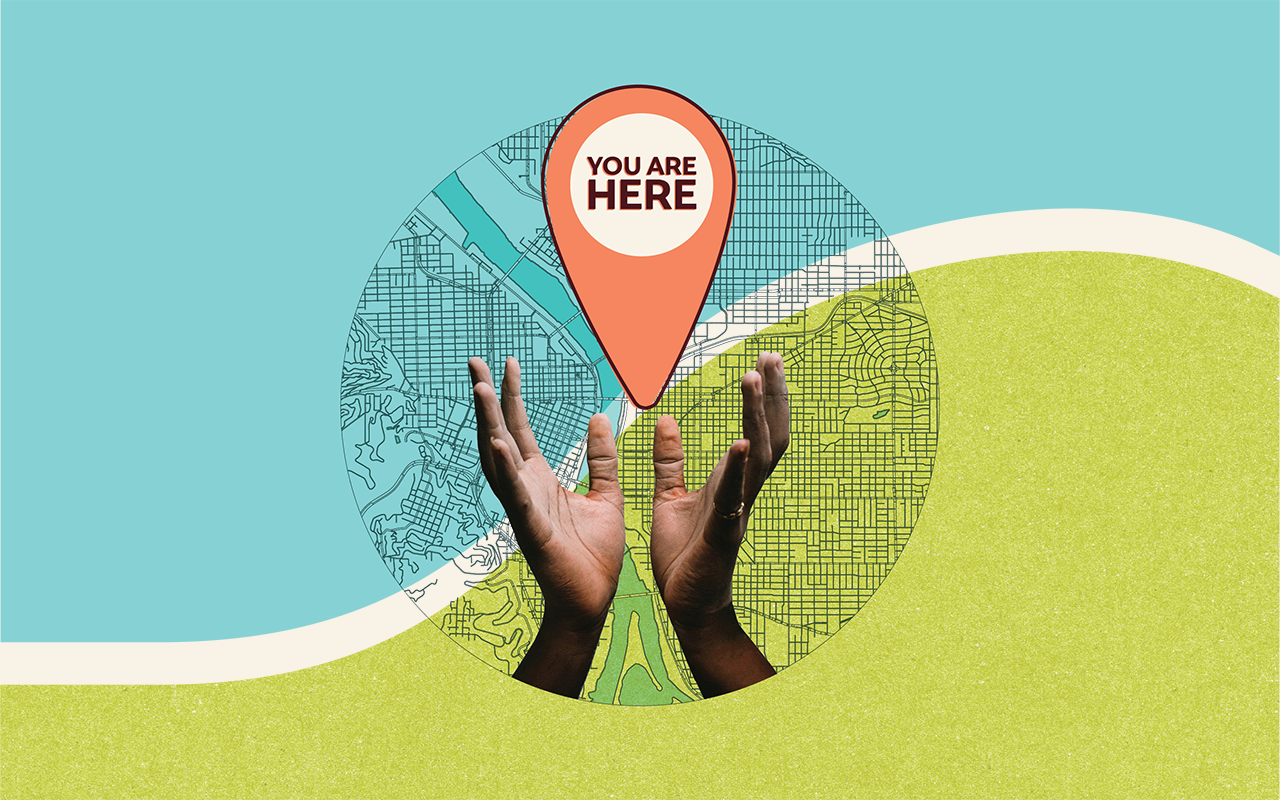 A collage image with a blue and green background, two hands cradling a marker that says "You are here"